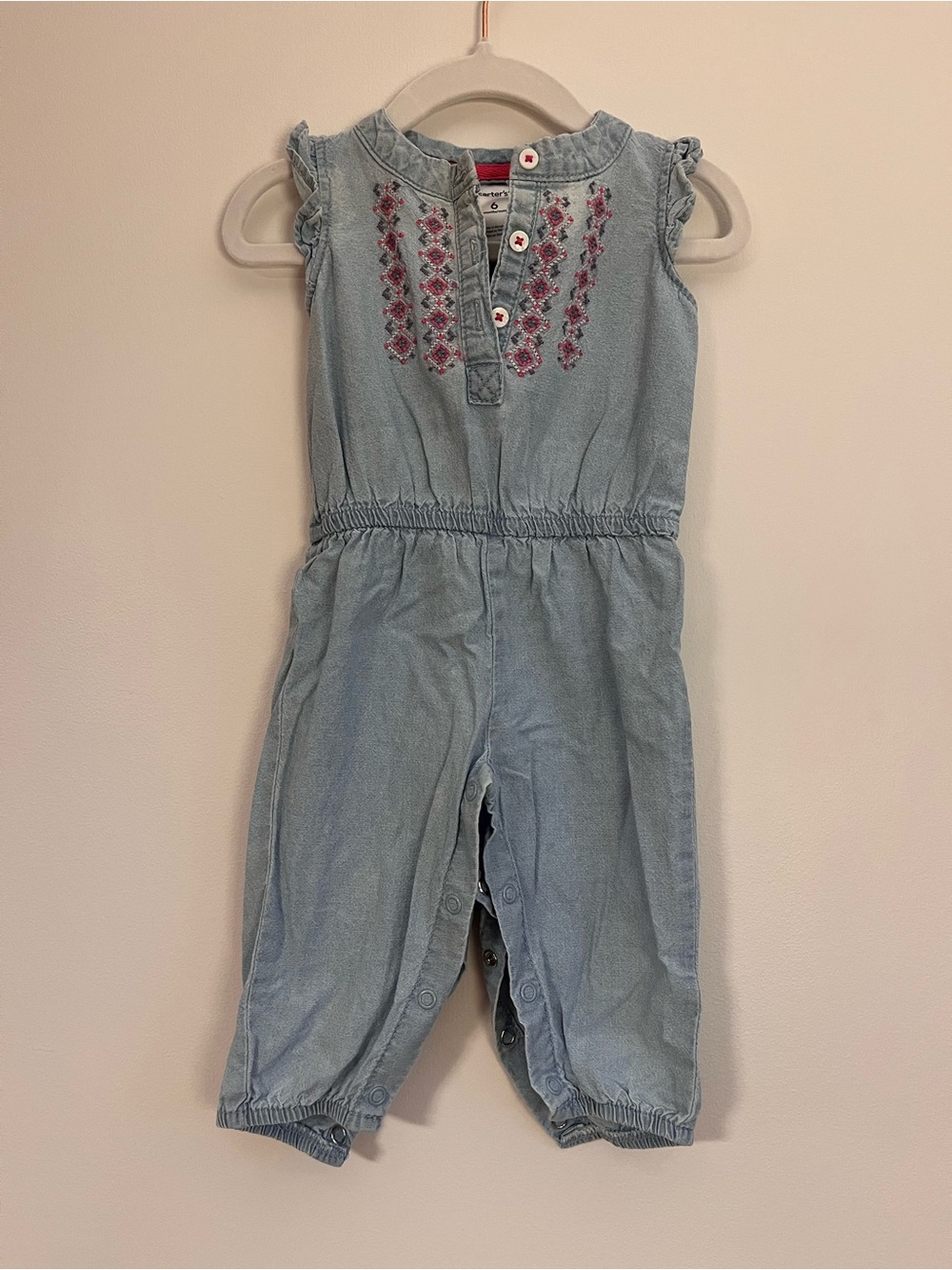 Carter's Light Blue Denim-Look Embroidered Romper